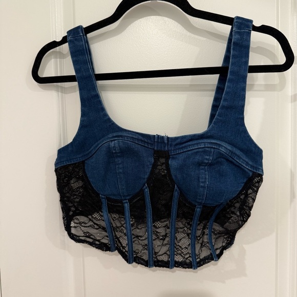 Denim and Black Lace Women's Top Corset Size Large Festival Boho Chic Edgy - Picture 6 of 6
